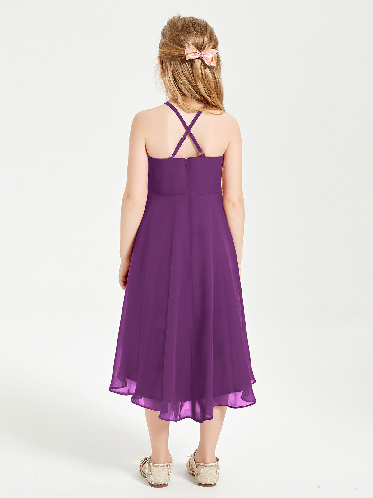 Tea Length Junior Bridesmaid Dresses with Asymmetrical Skirts Grape